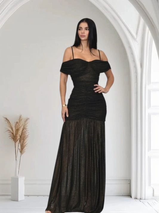 Gilded Radiance Off-Shoulder Maxi Dress – Black