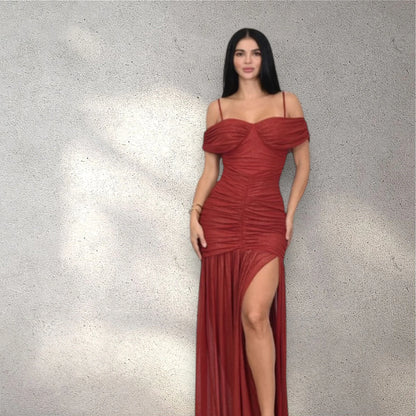 Gilded Radiance Off-Shoulder Maxi Dress – Red