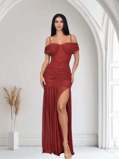 Gilded Radiance Off-Shoulder Maxi Dress – Red