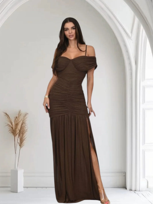 Gilded Radiance Off Shoulder Maxi Dress with Ruched Bodice (Chocolate)