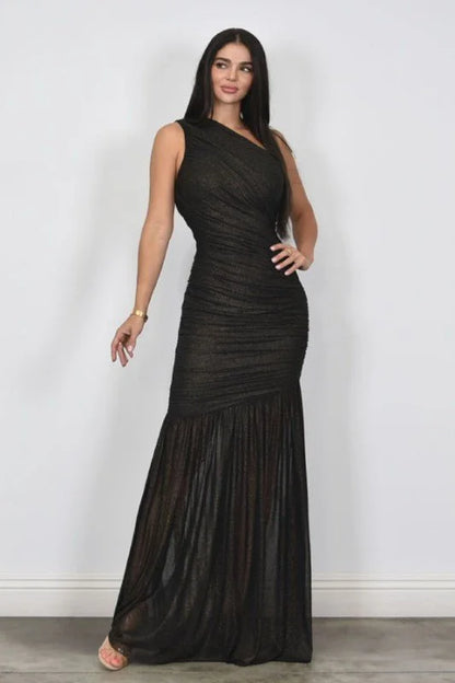 Gilded Radiance One-Shoulder Maxi Dress - Black