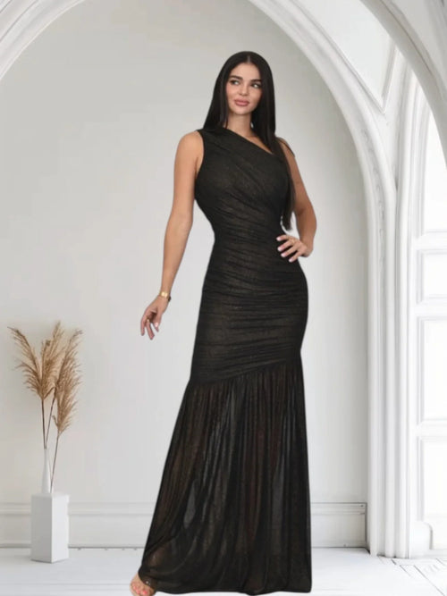 Gilded Radiance One-Shoulder Maxi Dress - Black
