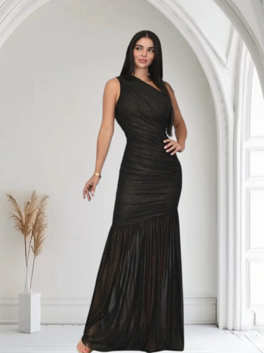 Gilded Radiance One-Shoulder Maxi Dress - Black