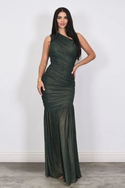 Gilded Radiance One-Shoulder Maxi Dress - Forest