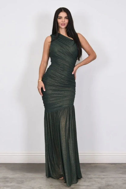 Gilded Radiance One-Shoulder Maxi Dress - Forest