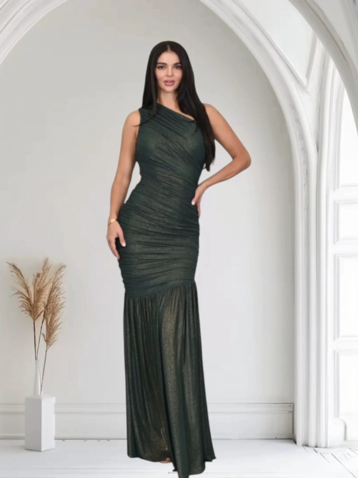 Gilded Radiance One-Shoulder Maxi Dress - Forest