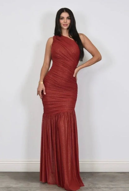 Gilded Radiance One-Shoulder Maxi Dress - Red