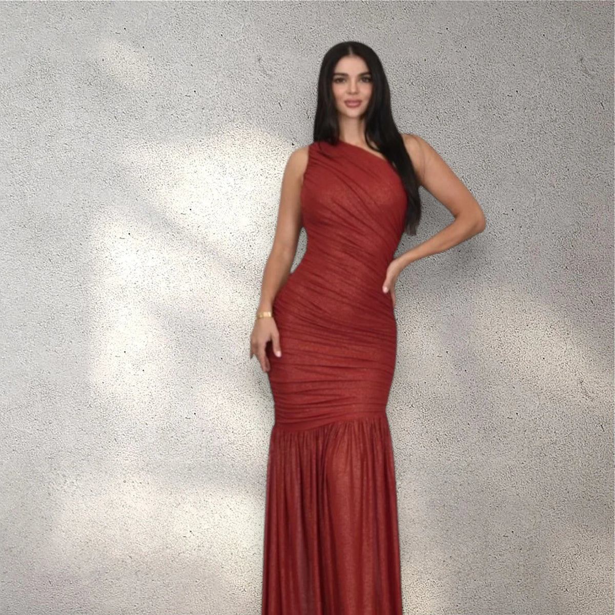 Gilded Radiance One-Shoulder Maxi Dress - Red