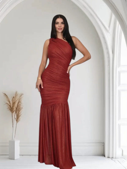 Gilded Radiance One-Shoulder Maxi Dress - Red