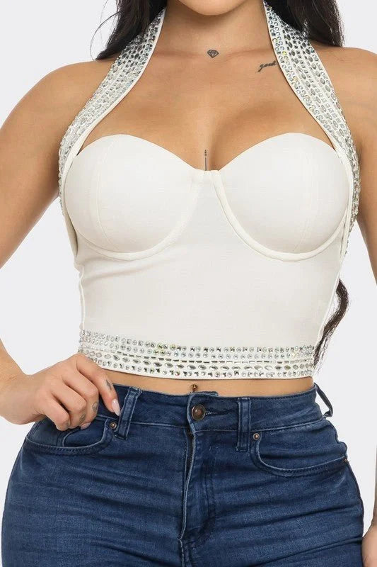 Gina Rhinestone Halter Neck Crop Top (White)