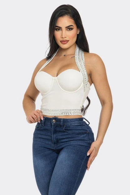 Gina Rhinestone Halter Neck Crop Top (White)