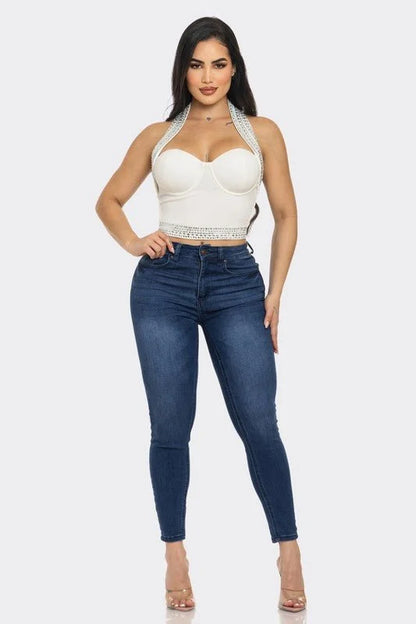Gina Rhinestone Halter Neck Crop Top (White)