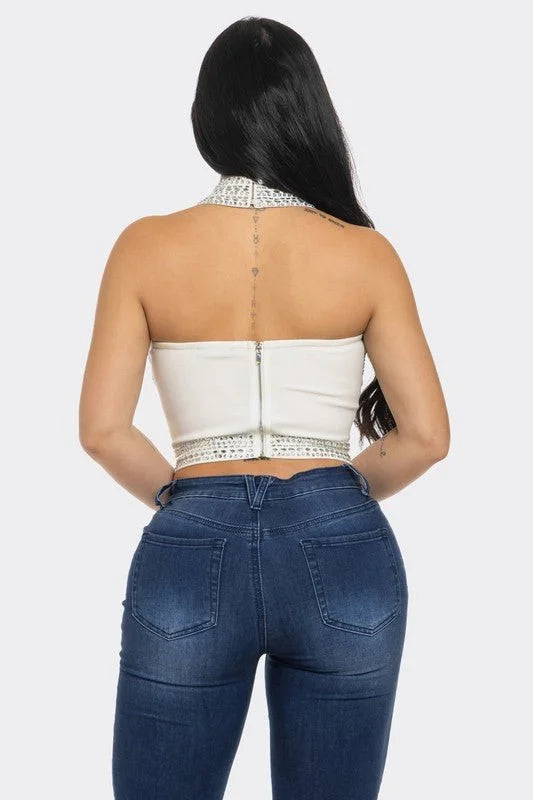 Gina Rhinestone Halter Neck Crop Top (White)