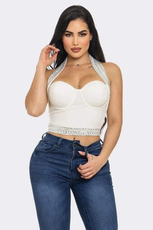Gina Rhinestone Halter Neck Crop Top (White)