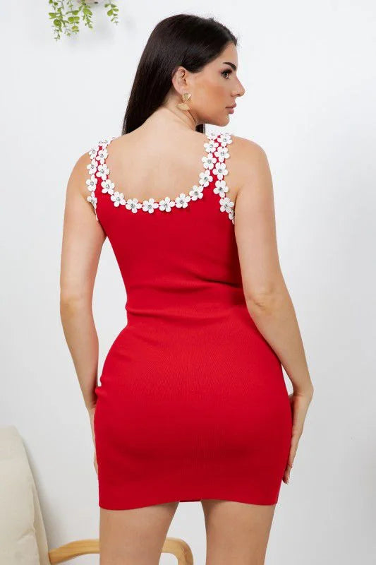 Giovanna Flower Trim Sleeveless Mini Knit Dress (Red)