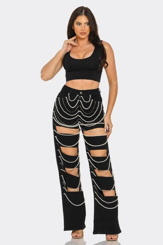 Glam Drip Pearl Statement Jeans - Black