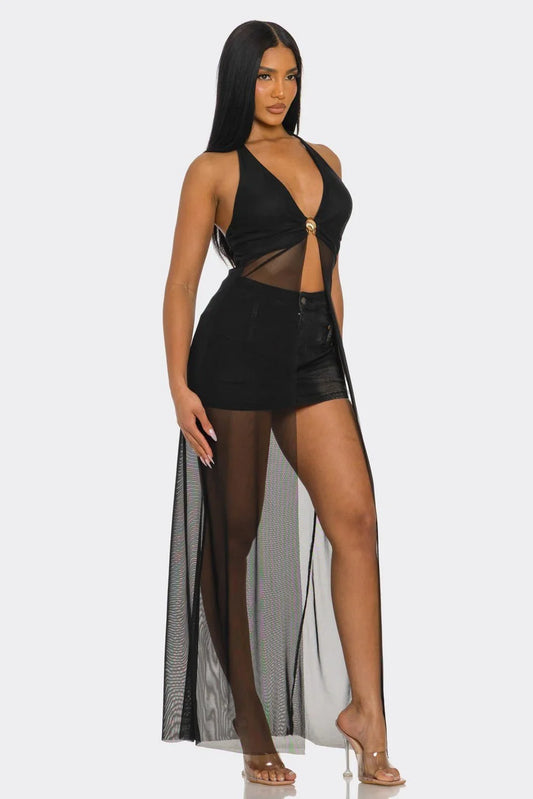 Goddess Glow Mesh Cover-Up Top - Black