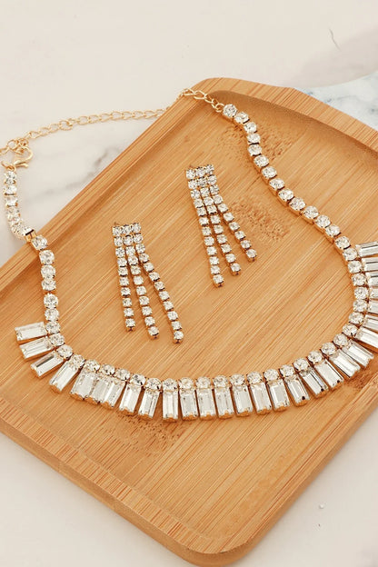 Gold Square Cut Rhinestone Statement Necklace Set