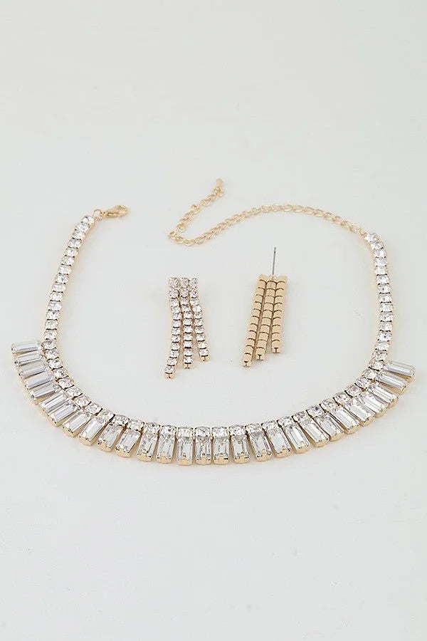 Gold Square Cut Rhinestone Statement Necklace Set