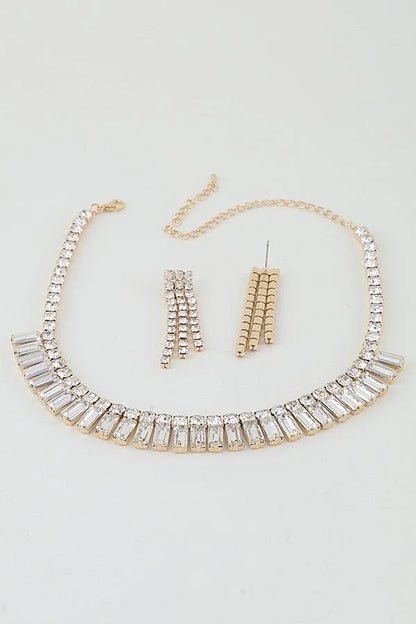 Gold Square Cut Rhinestone Statement Necklace Set
