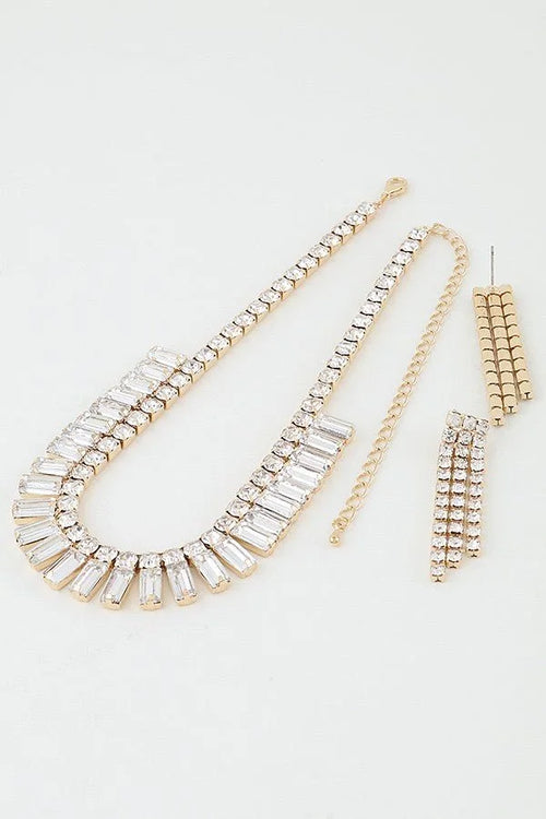 Gold Square Cut Rhinestone Statement Necklace Set