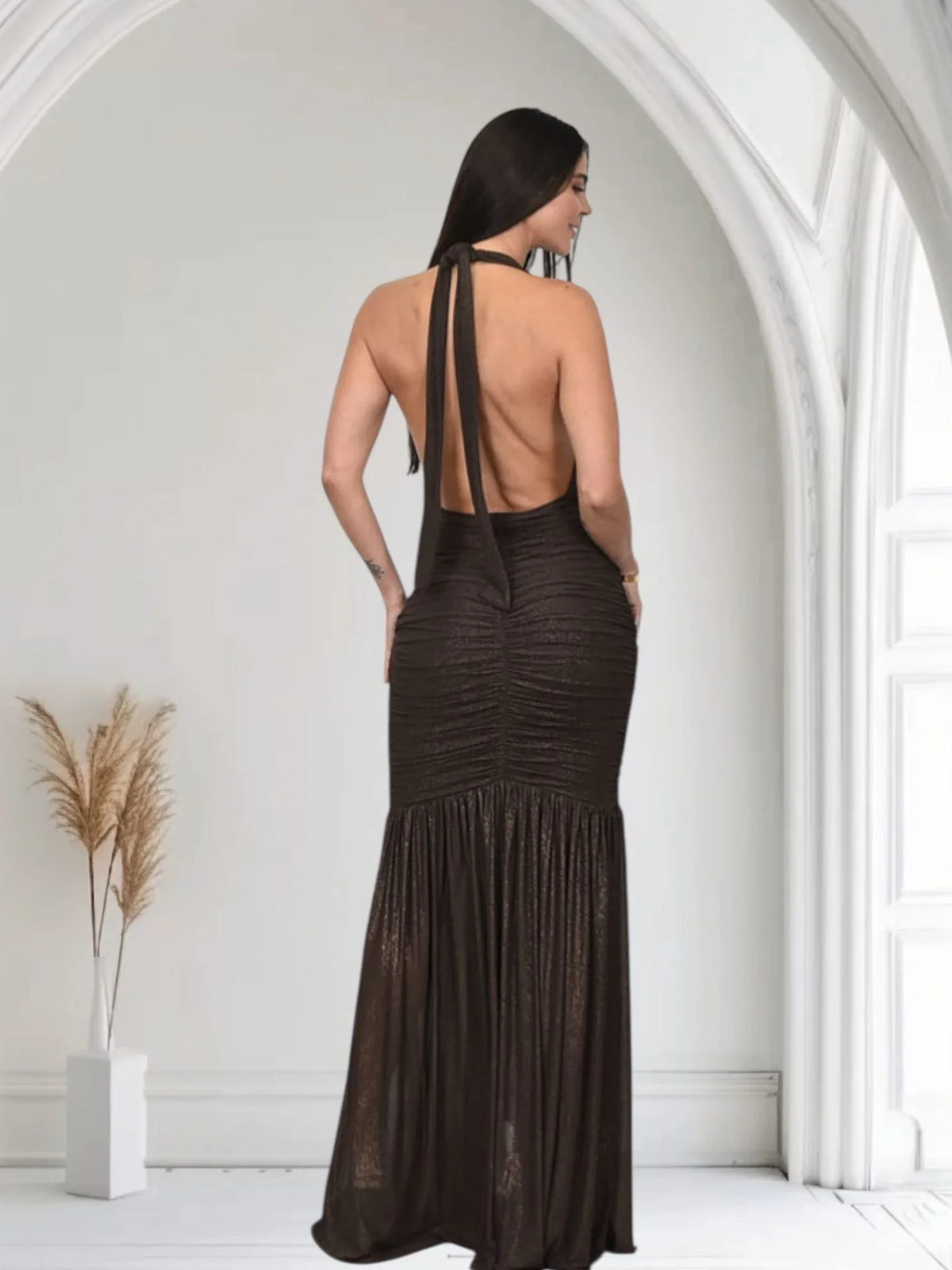 Golden Aura Ruched Mesh Halter Maxi Dress - Chocolate