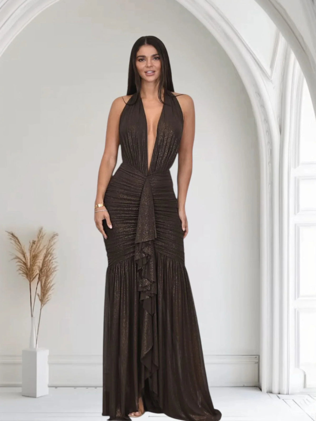 Golden Aura Ruched Mesh Halter Maxi Dress - Chocolate