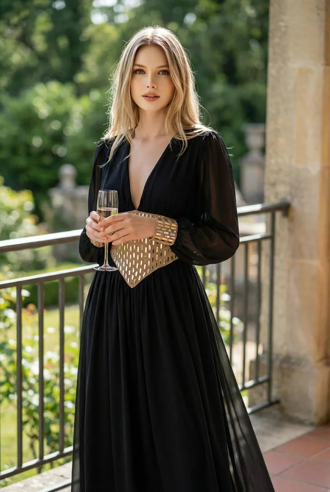 Golden Empress Belted Maxi Dress - Black