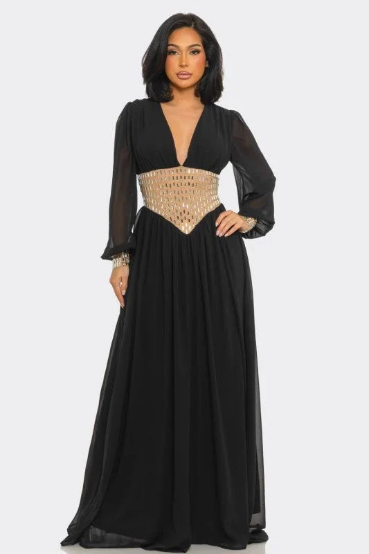 Golden Empress Belted Maxi Dress - Black
