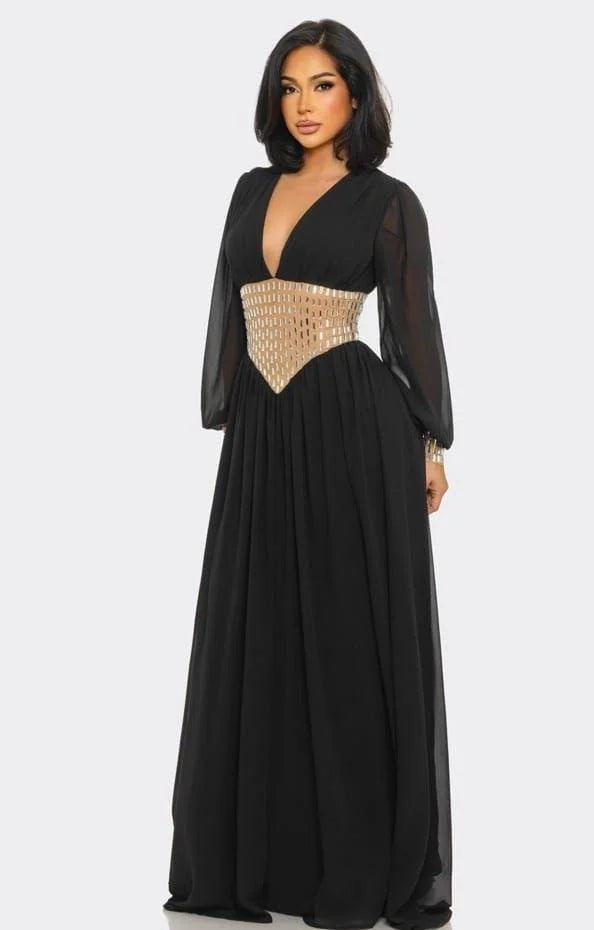 Golden Empress Belted Maxi Dress - Black