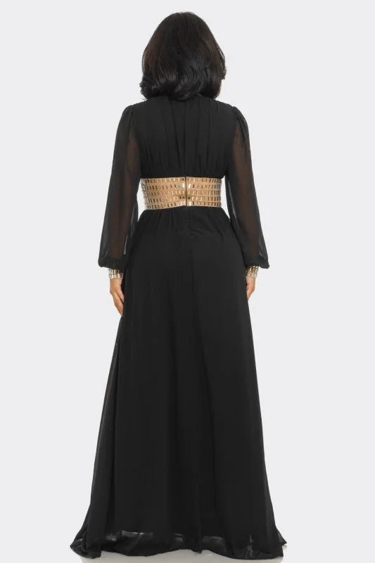 Golden Empress Belted Maxi Dress - Black