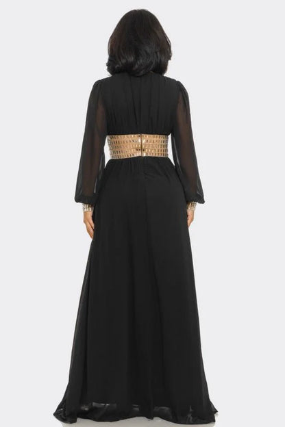 Golden Empress Belted Maxi Dress - Black