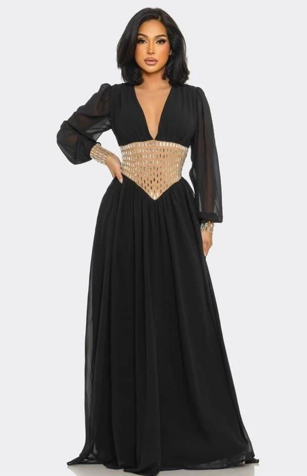 Golden Empress Belted Maxi Dress - Black