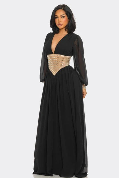 Golden Empress Belted Maxi Dress - Black