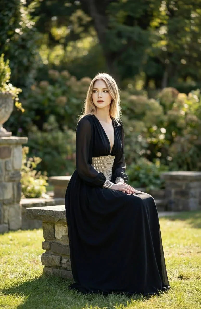 Golden Empress Belted Maxi Dress - Black