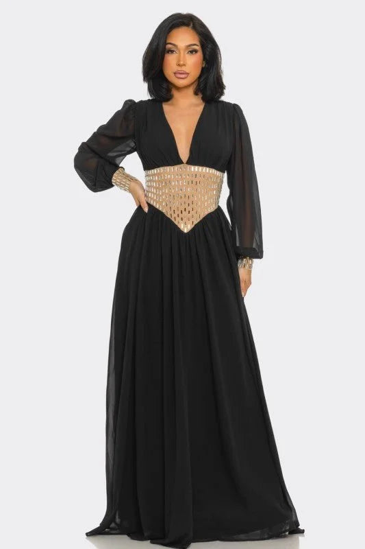 Golden Empress Belted Maxi Dress - Black