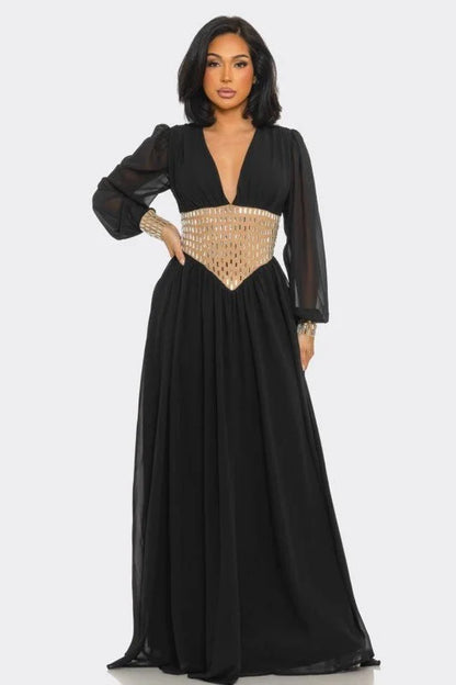 Golden Empress Belted Maxi Dress - Black