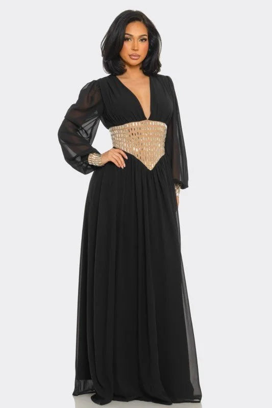 Golden Empress Belted Maxi Dress - Black