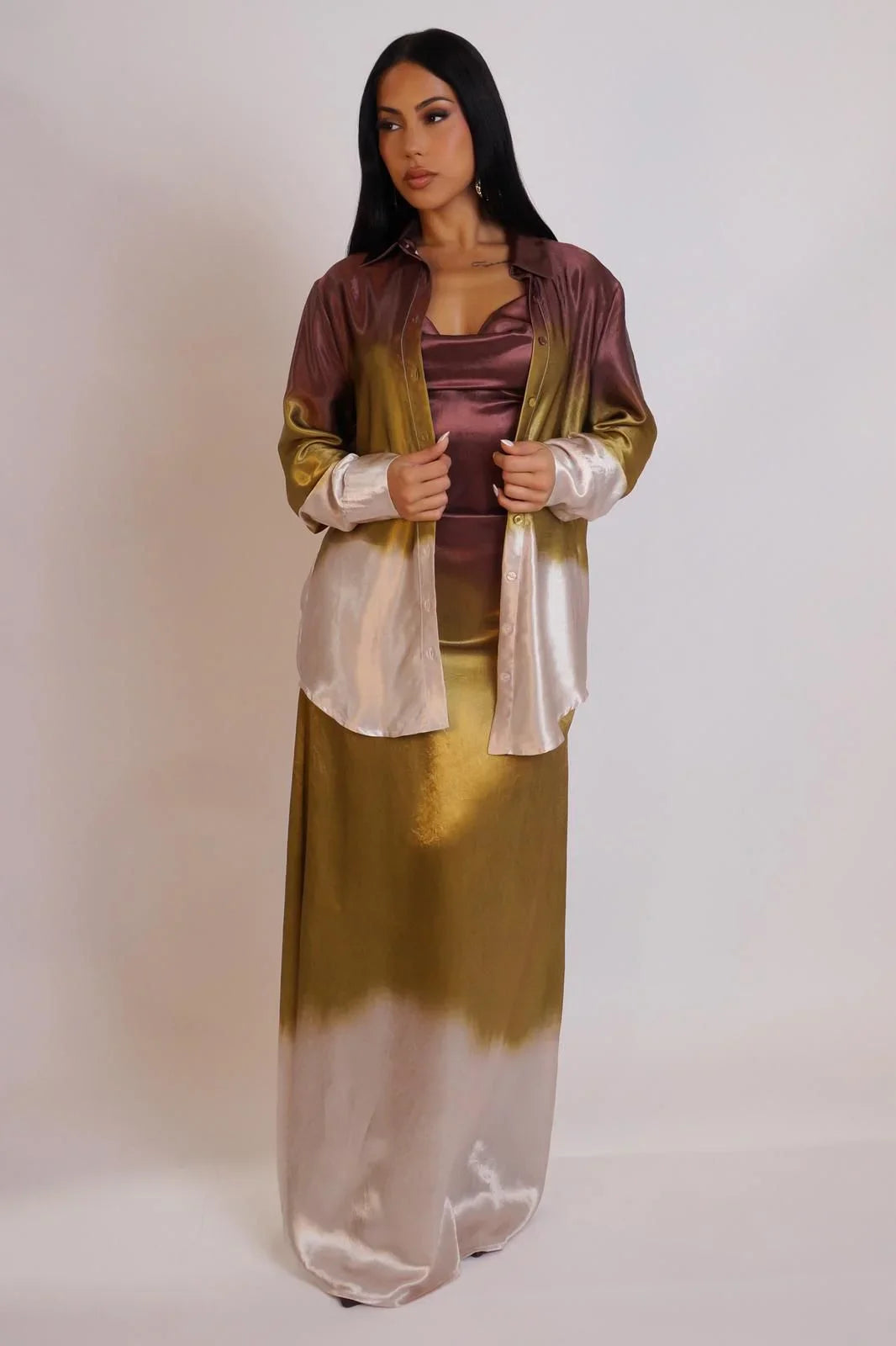 Golden Hour Satin Maxi Dress Set - Green