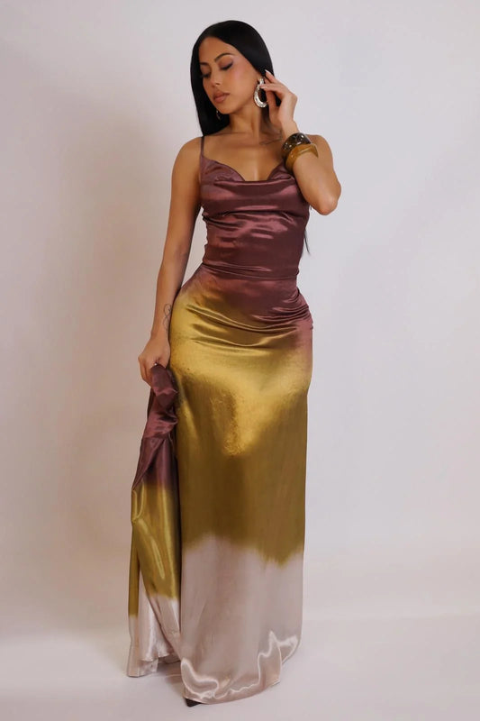 Golden Hour Satin Maxi Dress Set - Green