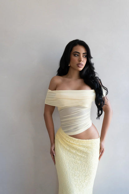 Golden Illusion Off-Shoulder Maxi Dress - Butter