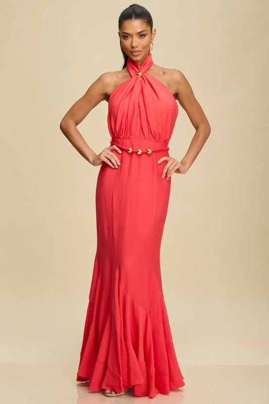 Golden Muse Halter Maxi Dress - Coral