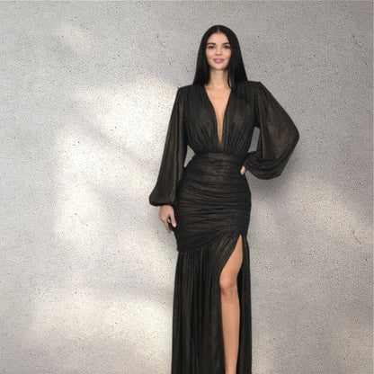 Golden Muse Metallic Foil Maxi Dress - Black