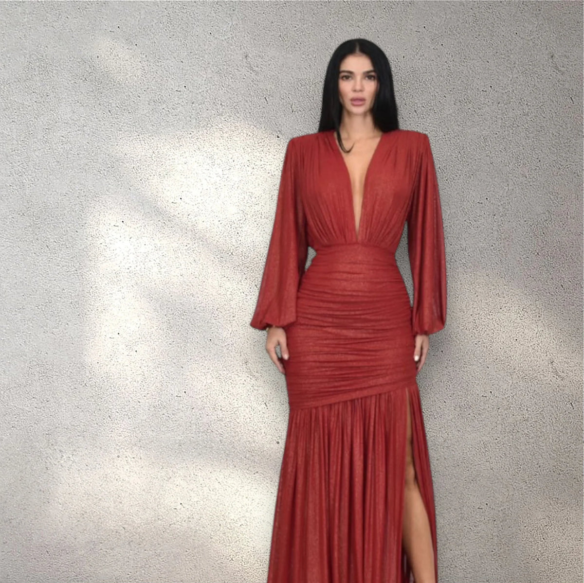 Golden Muse Metallic Foil Maxi Dress- Red