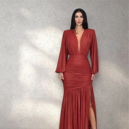 Golden Muse Metallic Foil Maxi Dress- Red