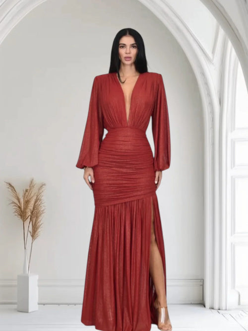 Golden Muse Metallic Foil Maxi Dress- Red