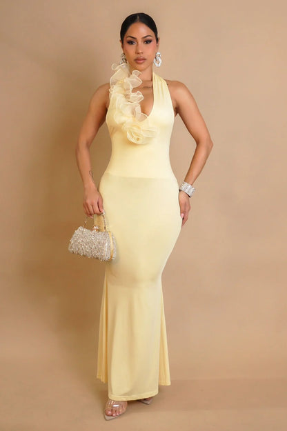 Golden Petal Halter Maxi Dress - Yellow