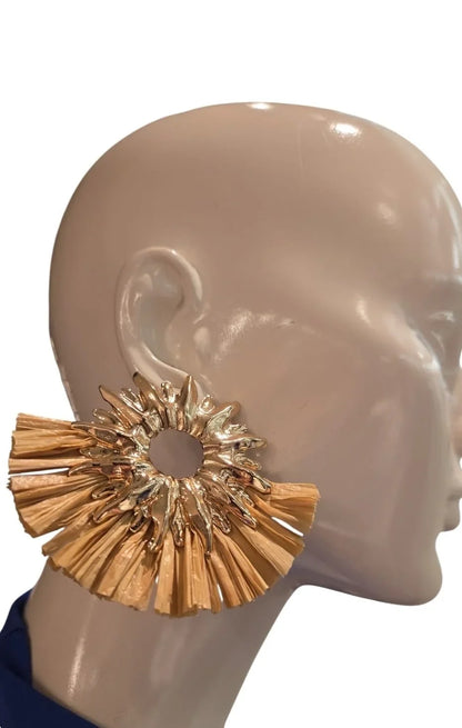 Golden Sunburst Raffia Earrings