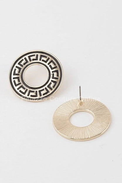 Greek Key Earrings – Classic Circular Stud Design in Gold Tone