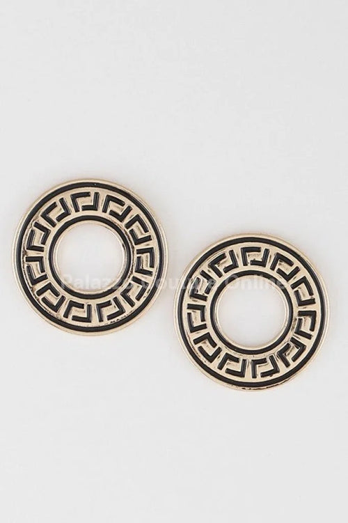 Greek Key Earrings – Classic Circular Stud Design in Gold Tone